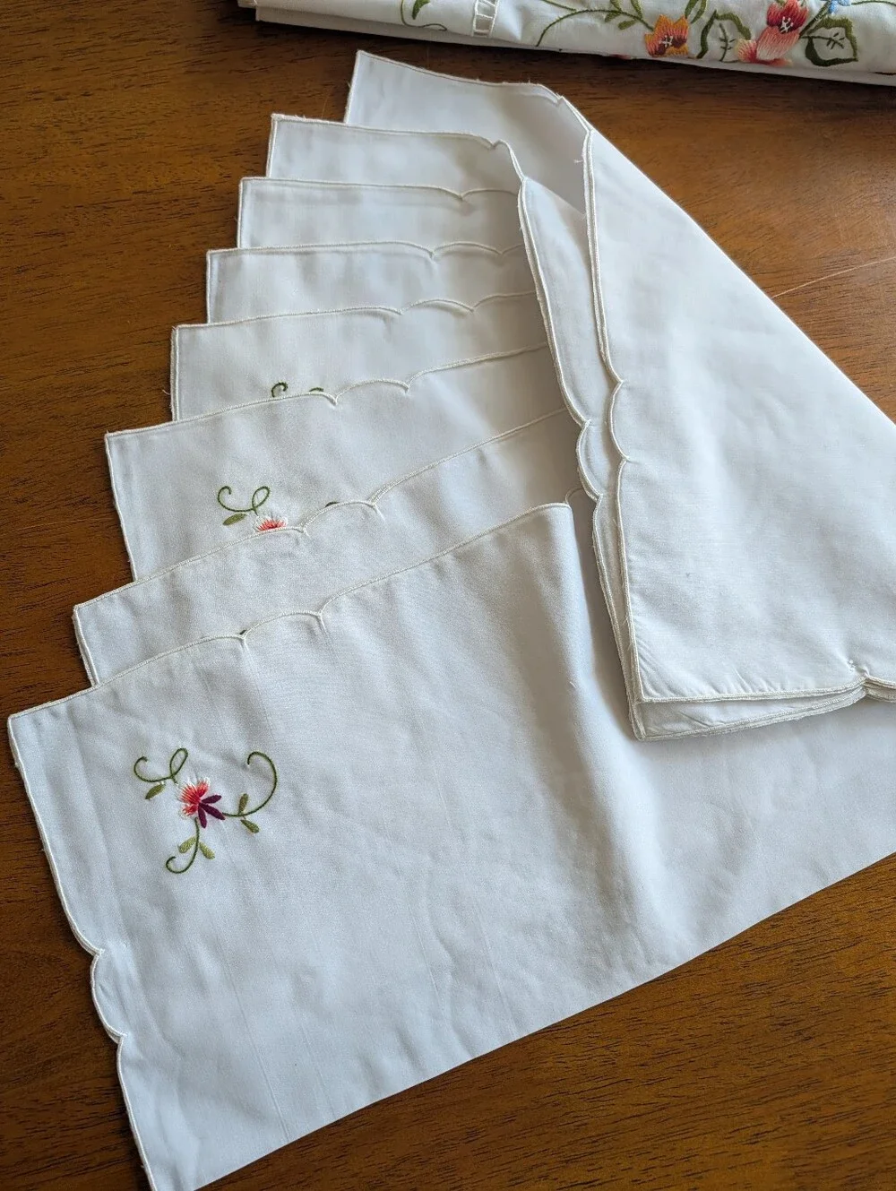 VTG Embroidered Floral Tablecloth - White Pink Green 8 Napkins Eyelet Grandma